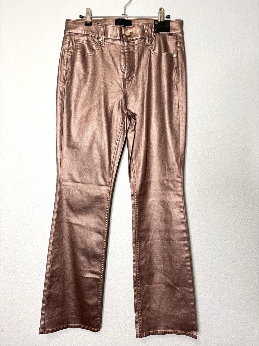 WHBM NWT Bootcut High Rise Champagne Foil Metallic Coated Jeans 6